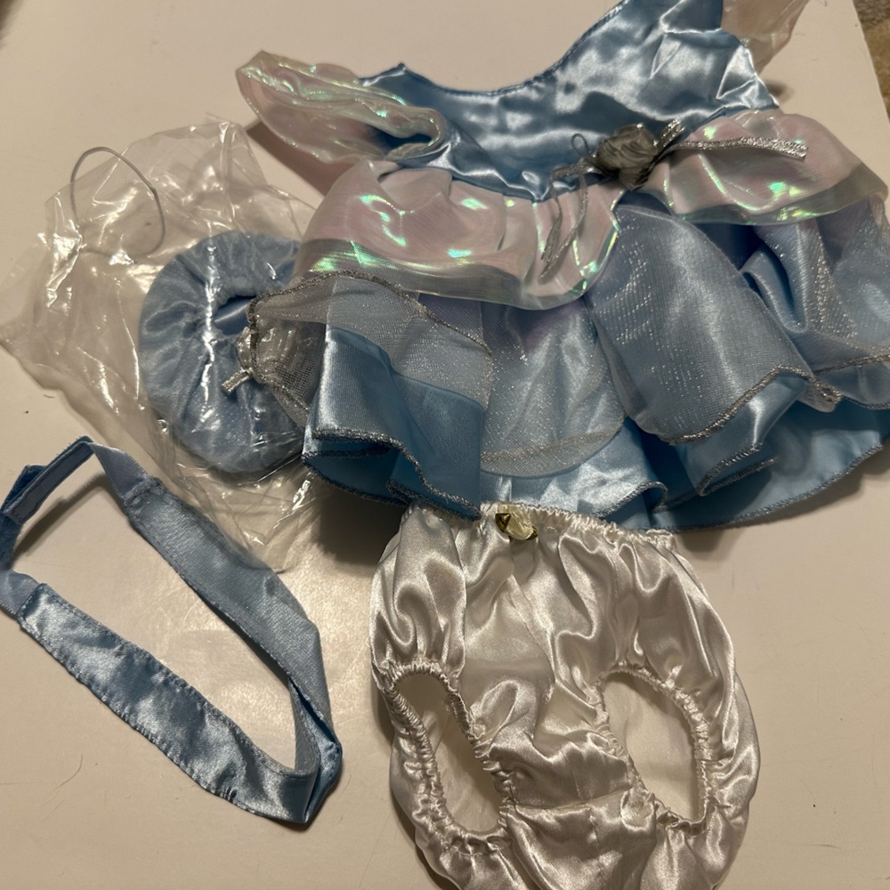 4 PC BUILD A BEAR BLUE DRESS LAYERED LINED HEADBAND SHOE DIAPER COVER DRESSY SET